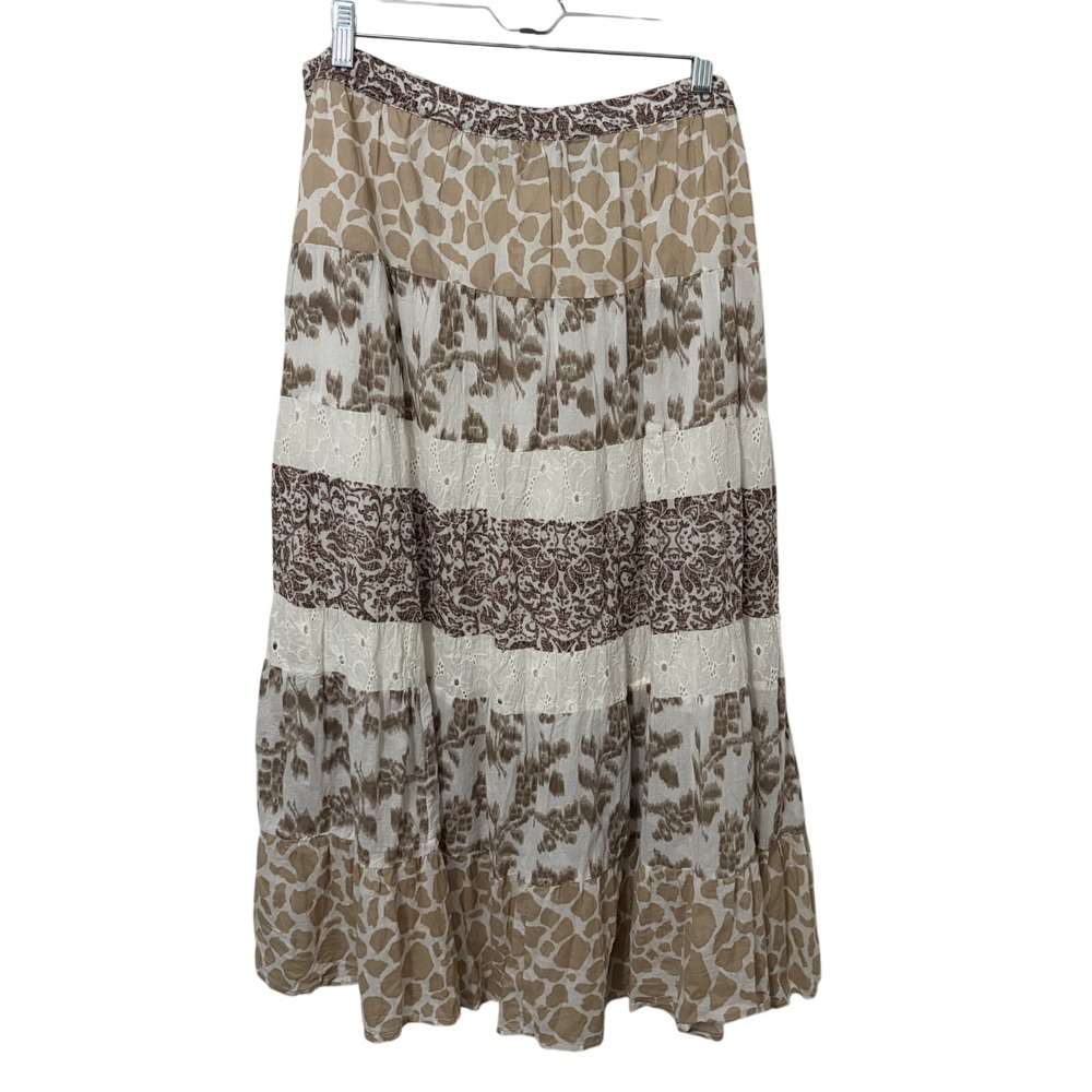 Vintage Whimsical Tiered Patchwork Midi Skirt XL Cottagecore Festival Boho
